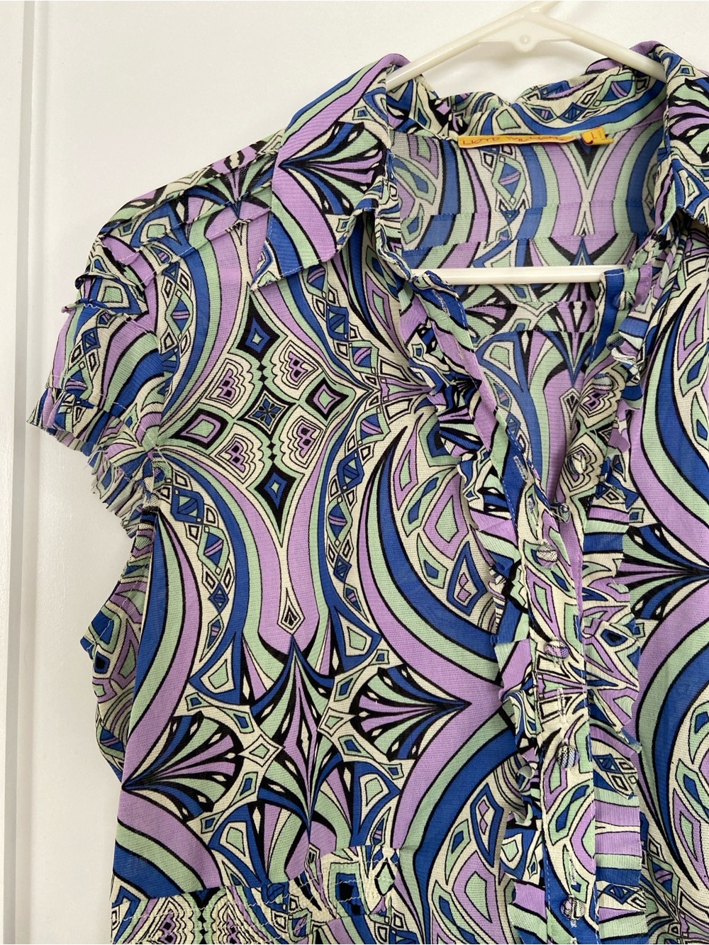 Womens Short-Sleeve Printed Mesh Blouse in Lavender and Blue